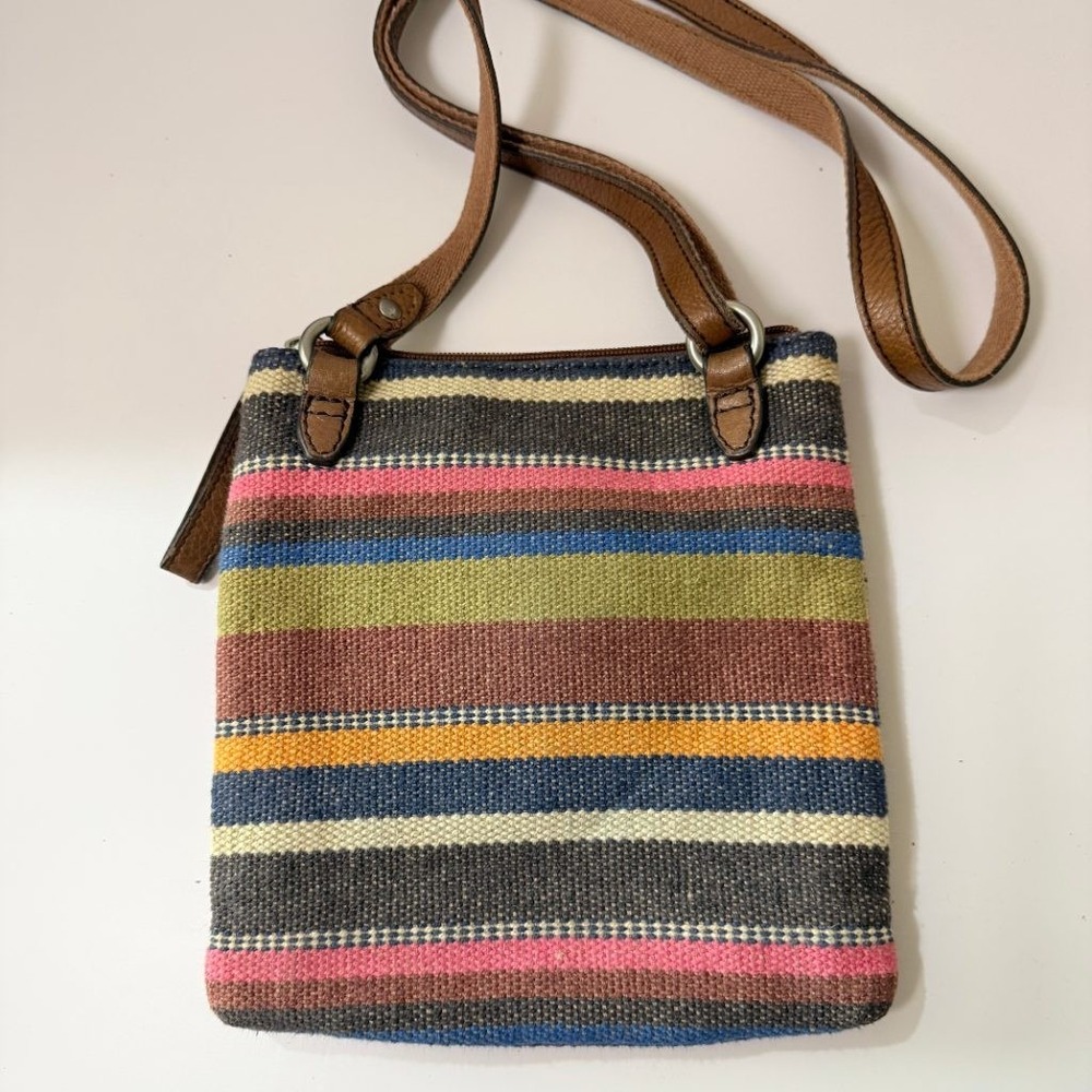 VTG Fossil Crossbody Bag Woven Striped Canvas Brown Leather Boho Key Small Purse - Picture 6 of 8